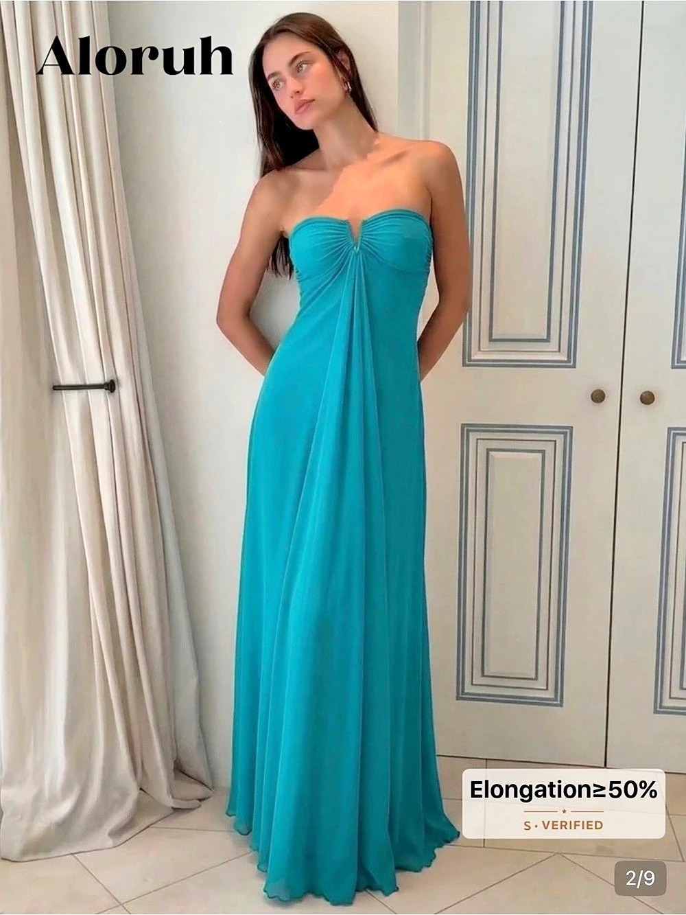 Aloruh Strapless V-Wire Pleated Maxi Dress Blue